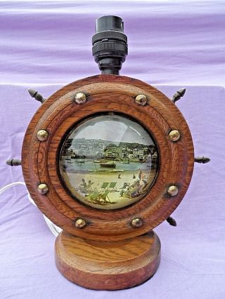Vintage Wooden Ships Wheel Table Lamp With Glass Dome Beach Scene Rewired Gwo