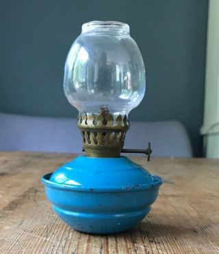 Vintage Small Kelly Oil Lamp Blue Nursery Bedside Painted Tin Metal Glass