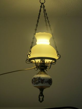 Vintage Brass Hanging Glass Oil Lamp,  Ceiling Fitting Electric Cottage