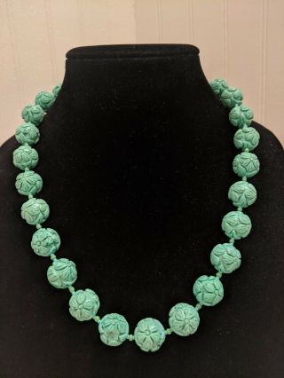 Vintage Chinese Carved Turquoise Shou Beads Necklace W/ Lobster Clasp