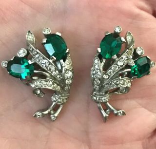 Vintage Trifari Sterling Alfred Philippe Faux Emerald & Diamond Floral Earrings