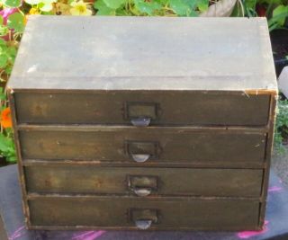 Vintage Dk Green Wooden 4 Drawer Desk Top Filing Box Brass Handles 15 " H X 11 " W