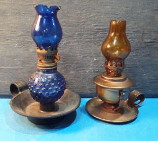 2 - Small Vintage Brass Nursery Oil Lamps With Glass Shades