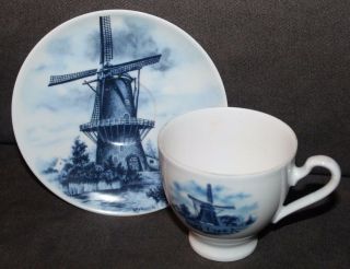 Vintage Teacup & Saucer Set Delft Made In Holland Windmill