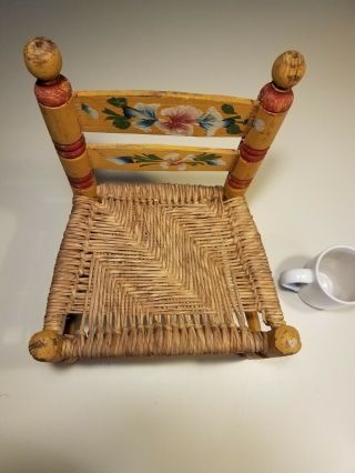 Vtg Antique Child Size Wood Wicker Rush Seat Folk Art Kids Doll Chair Floral