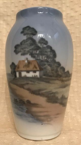 Vintage Royal Copenhagen Denmark Porcelain Vase 5” House Country Scene 2887