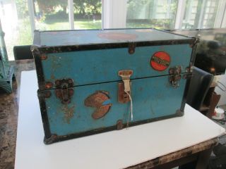 Antique Child’s Or Doll Vtg Metal Travel Trunk With Railroad & Airplane Stickers