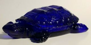 Vintage Cobalt Blue Glass Turtle Candy Dish Trinket Box Vanity Tray With Lid
