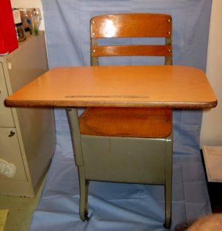 Vtg Elementary Large School Desk Cubby Arm Student Chair Wood Mid Century