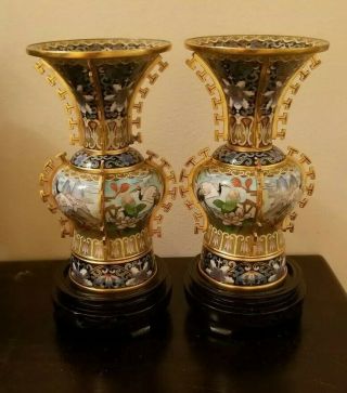 Vtg Chinese Export Cloisonne Enamel Gold Gilt Crane Cherry Blossom Vases