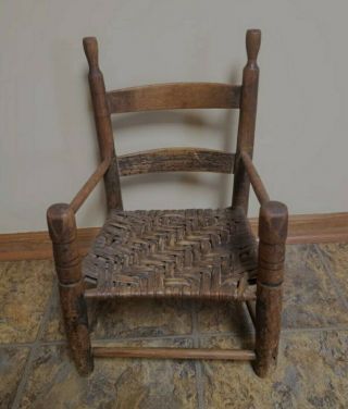 Antique Wood Folk Country Childs Chair Split Oak Seat