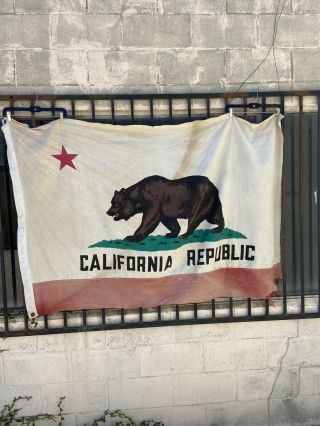 Vintage California Bear Flag 1950’s Cotton 4x6 Distressed Faded Linen Old 1940’s