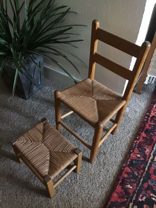 Vintage Rush Seat/oak Childrens Chair With Matching Ottoman