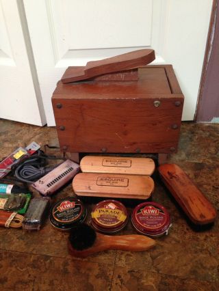 Vintage Old Wooden Wood Shoe Shine Stool Bench Box Set Polish Brush Kit Laces