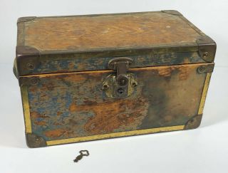 Small Antique Metal And Wood Trunk With Key And Inside Tray