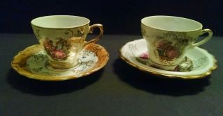 Set Of 2 Vintage Colonial Courting Couple Demitasse Cups & Saucers W/ Gold Trim