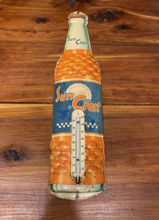 Vintage 1950s Sun Crest Tin Thermometer Bottle Sign Robertson Usa Gas Oil Coke