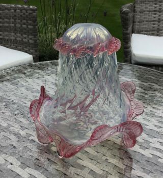Antique Quality Opalescent Opaline Vaseline White And Cranberry Glass Lamp Shade