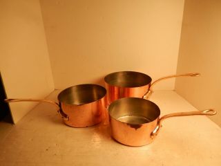 3 Vintage Antique French Copper Sauce Pot Pan Tin Lined & Brass Handle 16 18 20