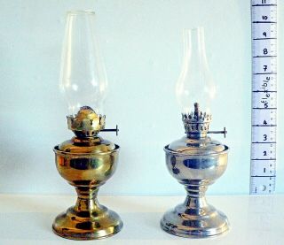 Two Vintage Retro Small Brass And Chrome Oil Paraffin Kerosene Lamps & Shades