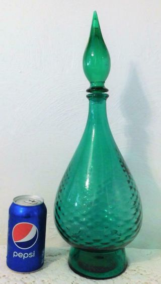 Vintage Mid Century Italian Empoli Art Optic Glass Blue Genie Bottle Decanter