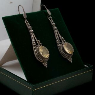 Antique Vintage Art Deco 925 Sterling Silver Etruscan Citrine Dangle Earrings