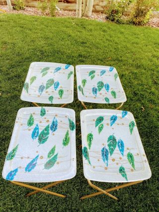 Vintage Tv Trays - Set Of 4 With Metal Stands & Rolling Cart