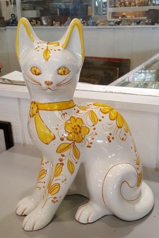 Vintage Ceramic Art Pottery White Kitty Cat Yellow Flowers Statue 14 1/4 " Tall