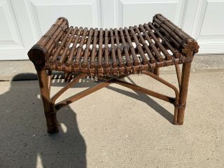 Vintage Mid Century Modern Curved Dark Brown Bamboo Rattan Ottoman Stool Seat 2