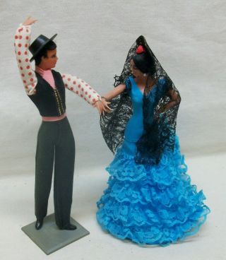 2 Vintage Marin Chiclana Dolls Spanish Dancers W/stands 8 " Tall Flamenco,  Tango