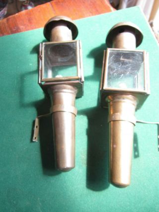 SMALL VINTAGE SMALL PARAFFIN BRASS COACH CARRIAGE LAMPS,  WITH BRACKETS 2