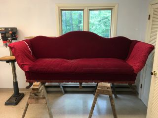 Antique Victorian Couch,  Red,  Large,  Upholstery Is Worn.