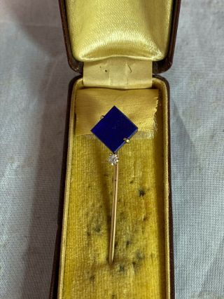 Gorgeous Antique Victorian 14k Solid Gold Blue Lapis Lazuli Diamond Stick Pin