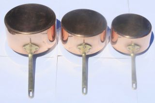 VINTAGE Copper Pan Saucepan Set 5 Tin Lined Stamped Bronze Handles 6.  6lb 2