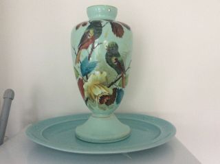 Stunning Antique Hand Painted Egg Blue Opaline Glass Vase / Lamp Base