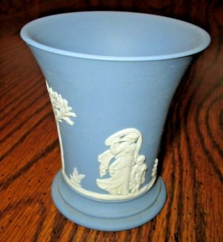 Vintage Wedgwood Blue Jasperware Small Trumpet Vase With Grecian Scene