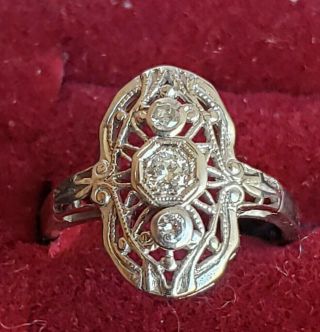Antique 14 K White Gold Filagree Dinner Ring With Diamonds