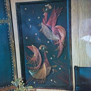 Vintage 70s Large String Art Kit Roosters Mid Century 18x28.  5