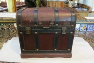 Vintage Small Wooden Curved Top Trunk Storage Chest Burgundy Black 16 " Wide