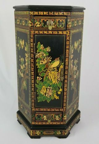 Vintage Wooden Oriental Chinese Black Lacquer Cabinet Abalone Inlay Hexagon