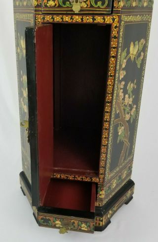 Vintage Wooden Oriental Chinese Black Lacquer Cabinet Abalone Inlay Hexagon 2