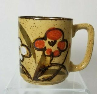 Vtg Daisy Floral Brown Speckled Earthenware Coffee Mug 1970s Stoneware Cup