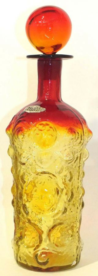 Vintage Blenko Decanter Molded & Textured Tangerine Glass With Round Stopper