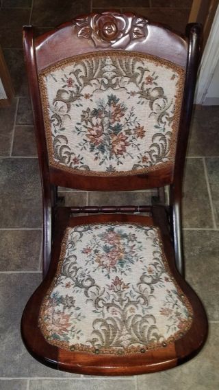 Folding Rocking Chair Floral Tapestry Solid Wood Vintage Upholstered