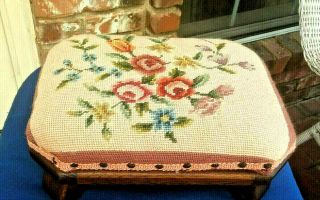 Victorian Foot Stool With Floral Pattern Needlepoint Top