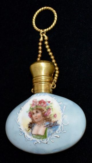 Gorgeous Antique French Porcelain Hand Painted Chatelaine Perfume Bottle