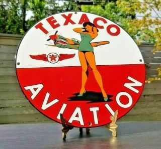 Vintage Texaco Gasoline Porcelain Pin Up Military Girl Aviation Service Oil Sign