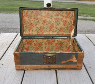 Antique Victorian Wooden Wall Papered 12 " Long 6 " High Vtg Doll Steamer Trunk