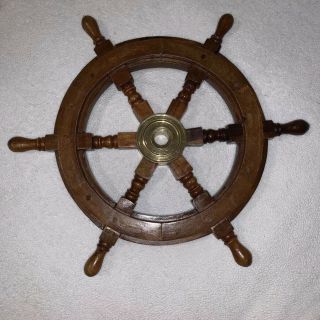 Vintage 18” Solid Wood Nautical Ship Captains Wheel,  Brass Center
