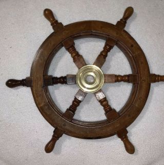 VINTAGE 18” SOLID WOOD NAUTICAL SHIP CAPTAINS WHEEL,  Brass Center 2